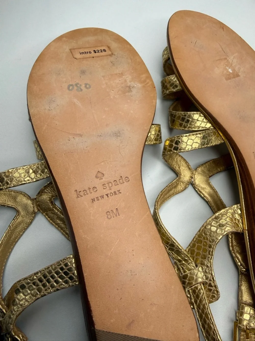 Kate Spade Gold Metallic Snake Embossed Strappy Flat Sandals Ankle Strap Size 8M
